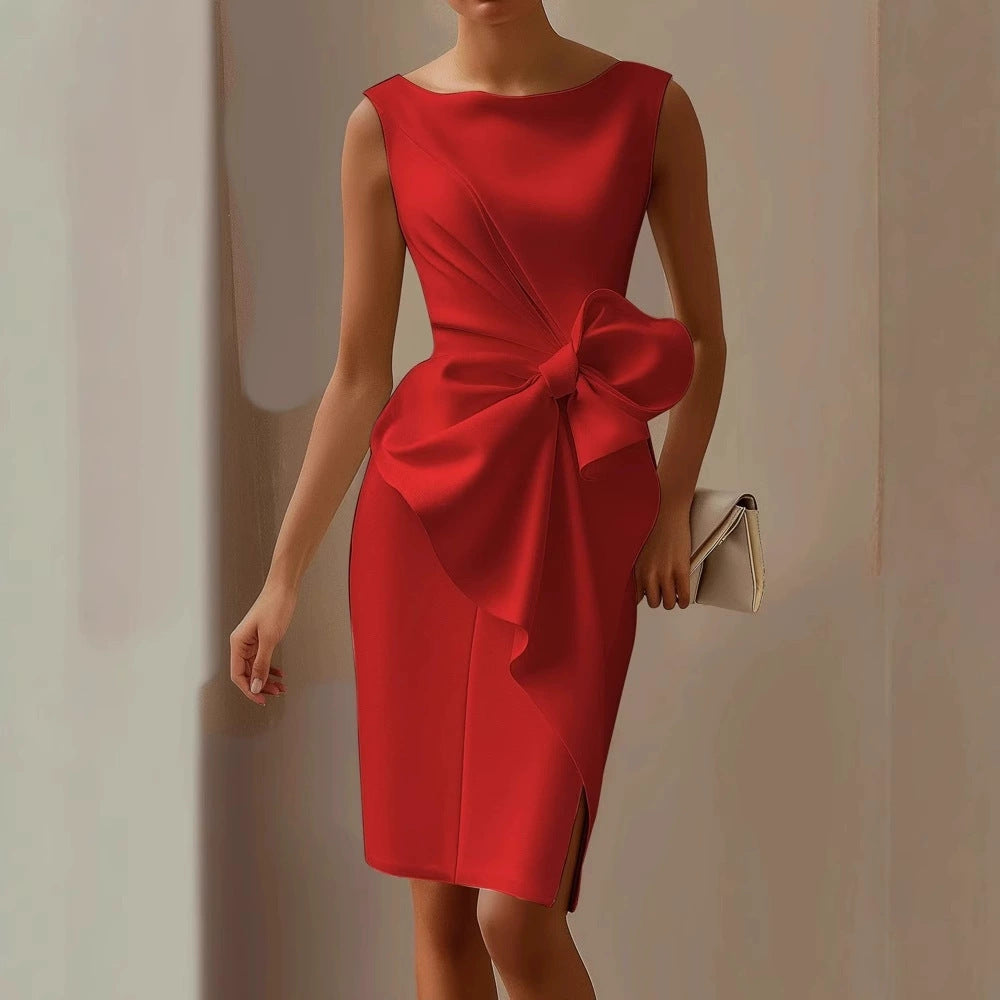 Women’s Solid-Color Bowknot Dress – Elegant Slim Sleeveless Casual & Office Party Outfit