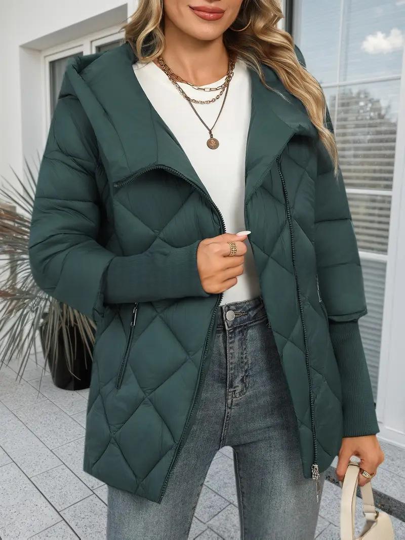 Women’s Hooded Zip-Up Puffer Jacket – Chic Patchwork Warm Winter Style
