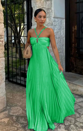 Women's Pleated Sleeveless Halter Dress – Elegant Evening Party Style