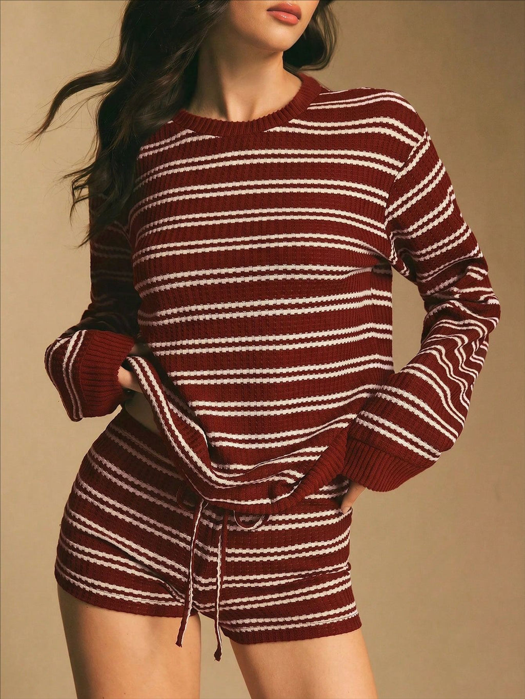 Striped Long-Sleeve Top and Shorts Set - Casual and Easy