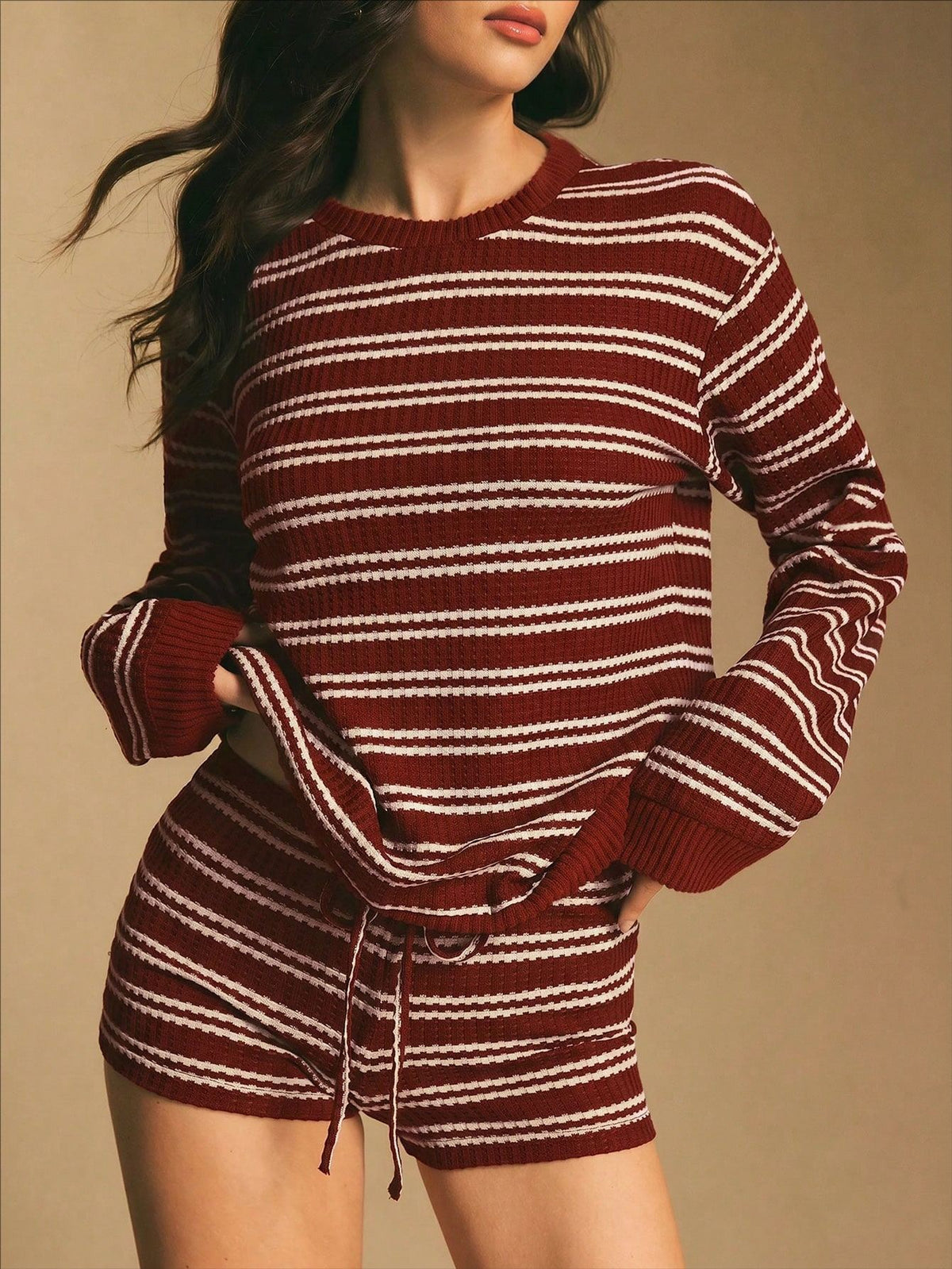 Striped Long-Sleeve Top and Shorts Set - Casual and Easy