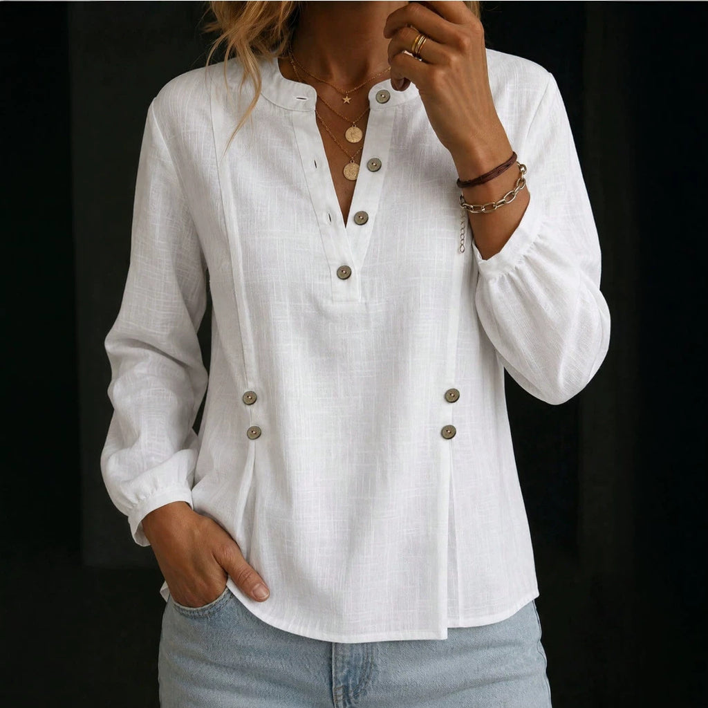 Women’s Cotton-Linen Mandarin Collar Shirt – Long Sleeve Casual Summer Style