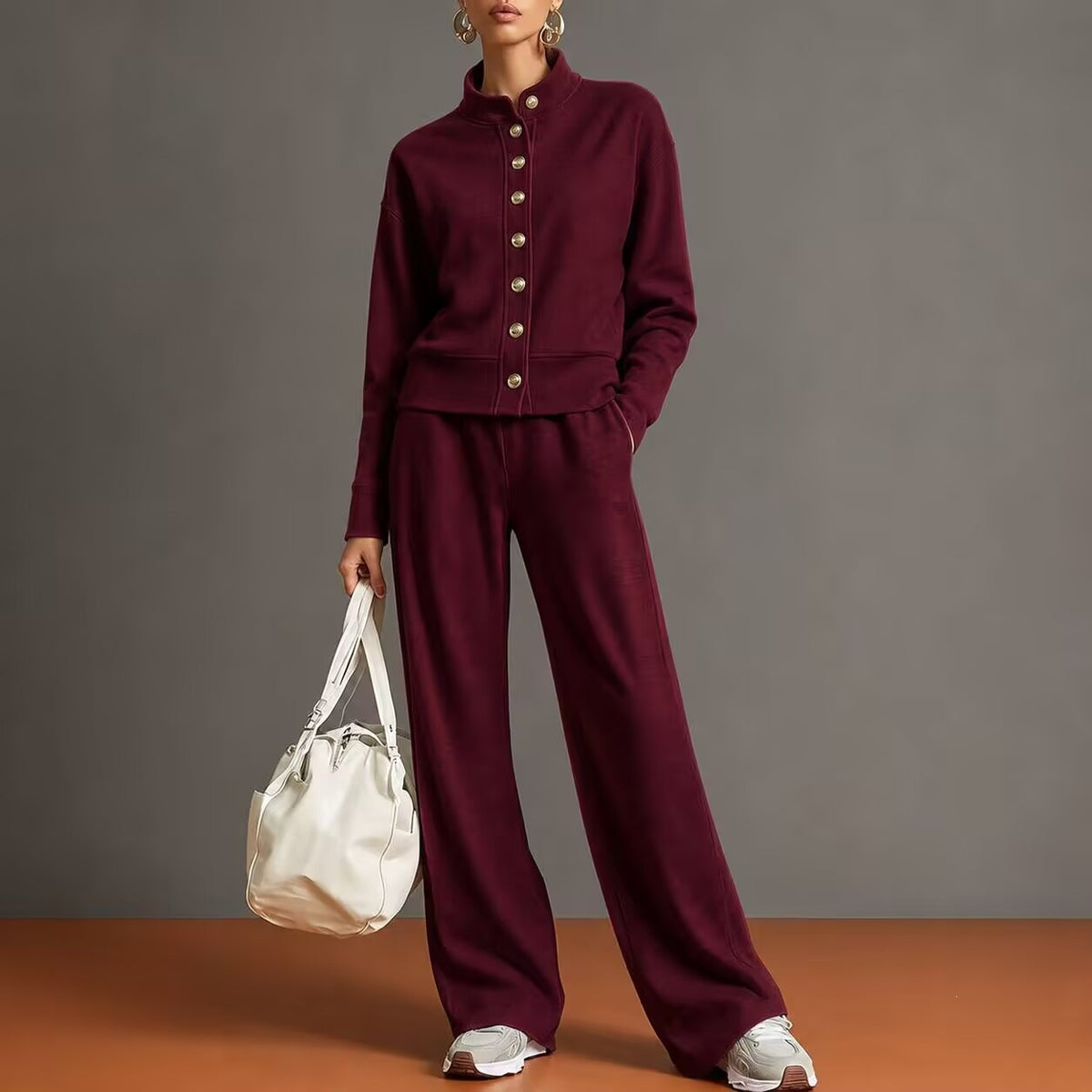 Stand-Collar Cardigan and Wide-Leg Pants Set - Polished and Comfortable