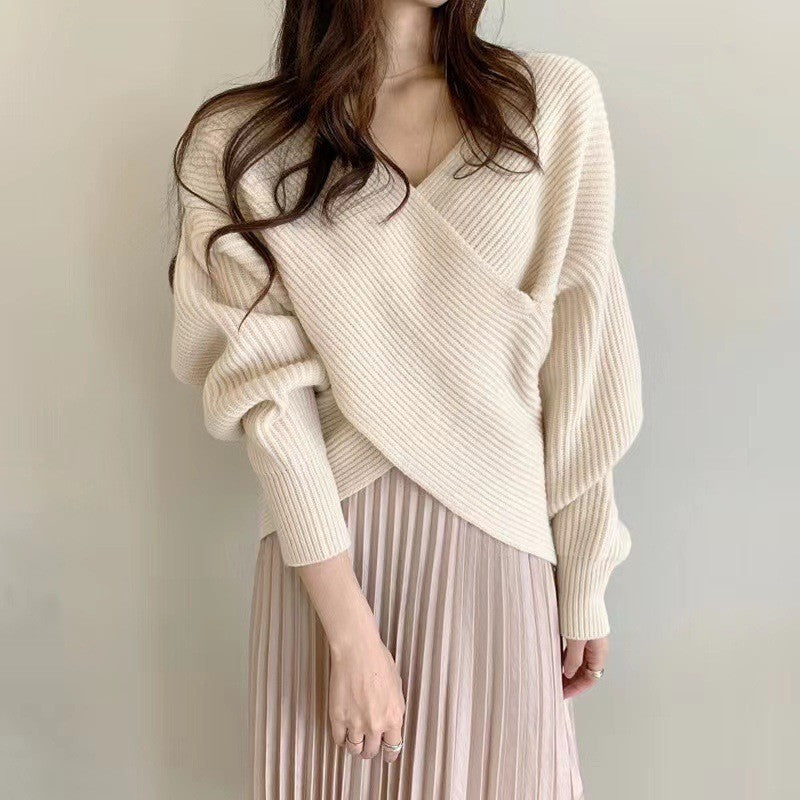 Cross V-Neck Off-Shoulder Knit Pullover - Soft and Feminine