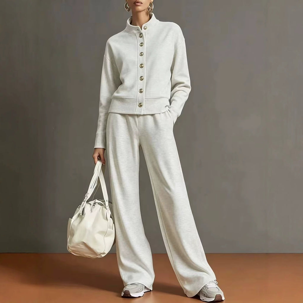 Stand-Collar Cardigan and Wide-Leg Pants Set - Polished and Comfortable