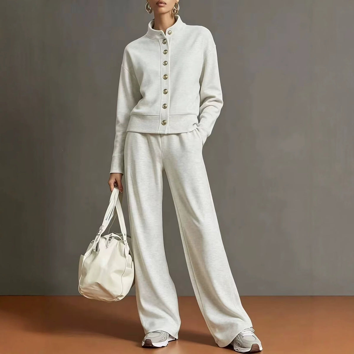 Stand-Collar Cardigan and Wide-Leg Pants Set - Polished and Comfortable