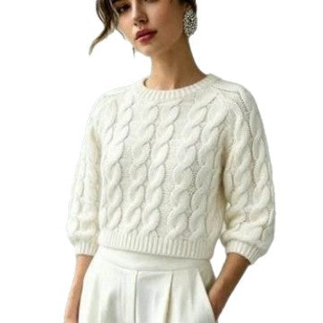 Milky-White Chunky-Knit Short-Sleeve Sweater - Soft and Cozy