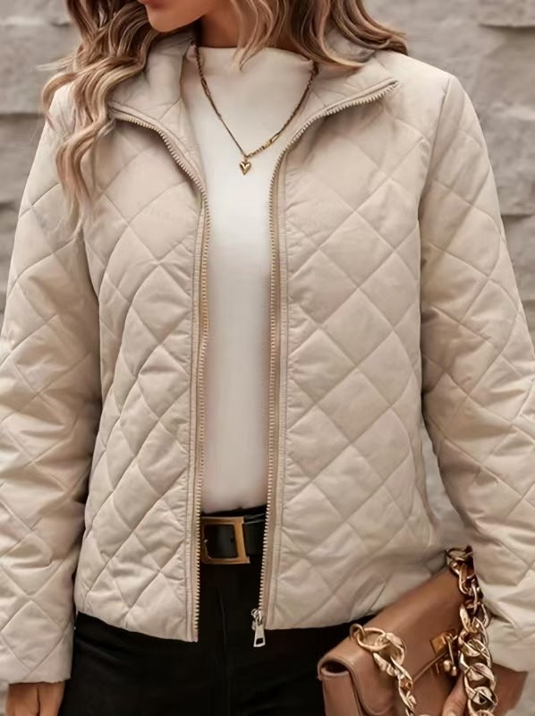 Women’s Diamond Pattern Long Sleeve Coat – Solid Color Lapel Relaxed Fit Style