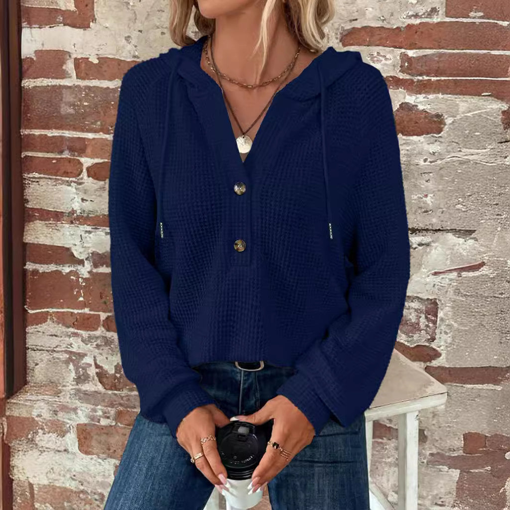 Women’s Solid Color Hooded Sweatshirt – Loose-Fit Button-Up Fall Winter Style