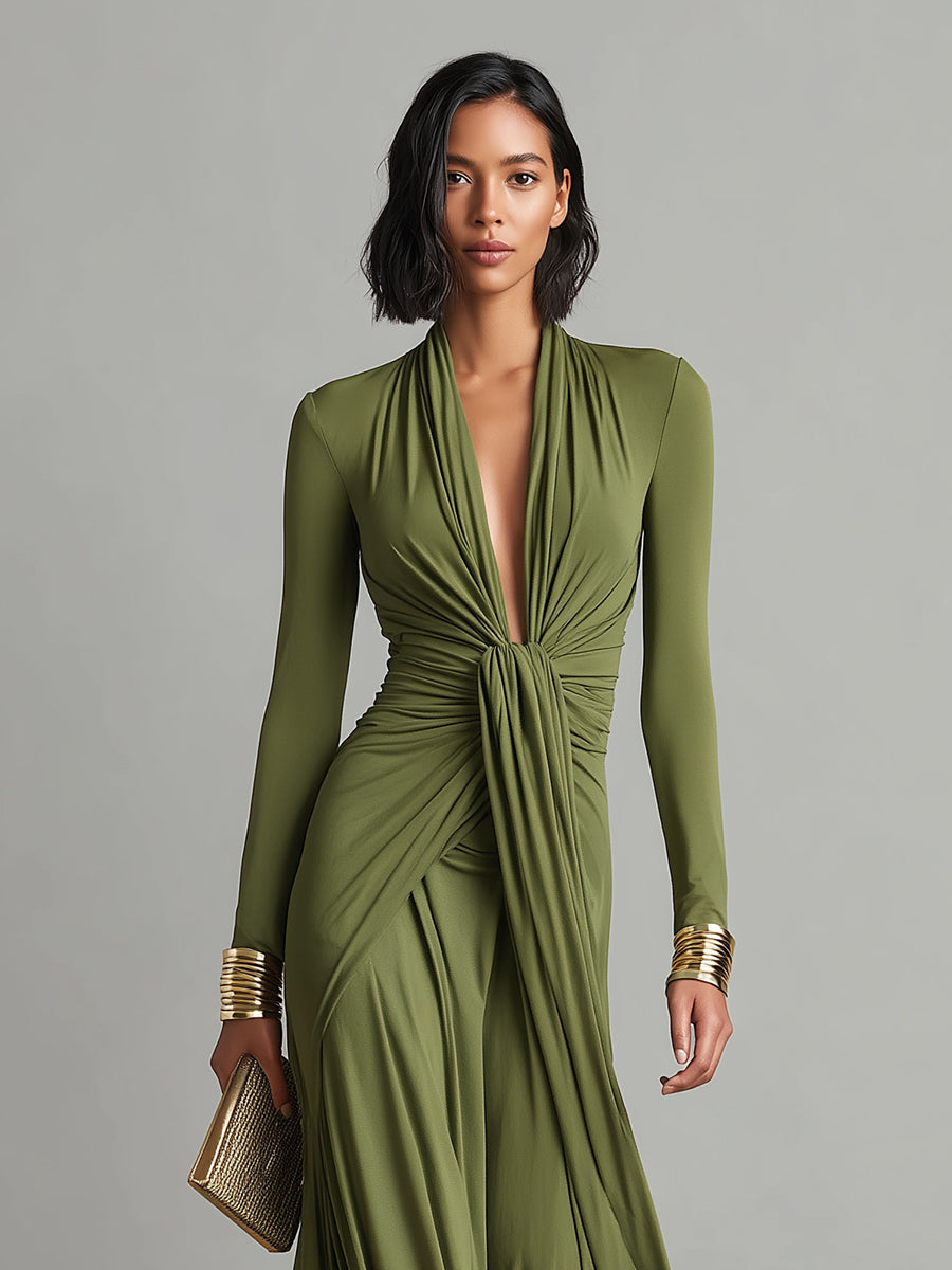 Women's Olive Silk Maxi Dress – Deep V-Neck Elegant Occasion Style