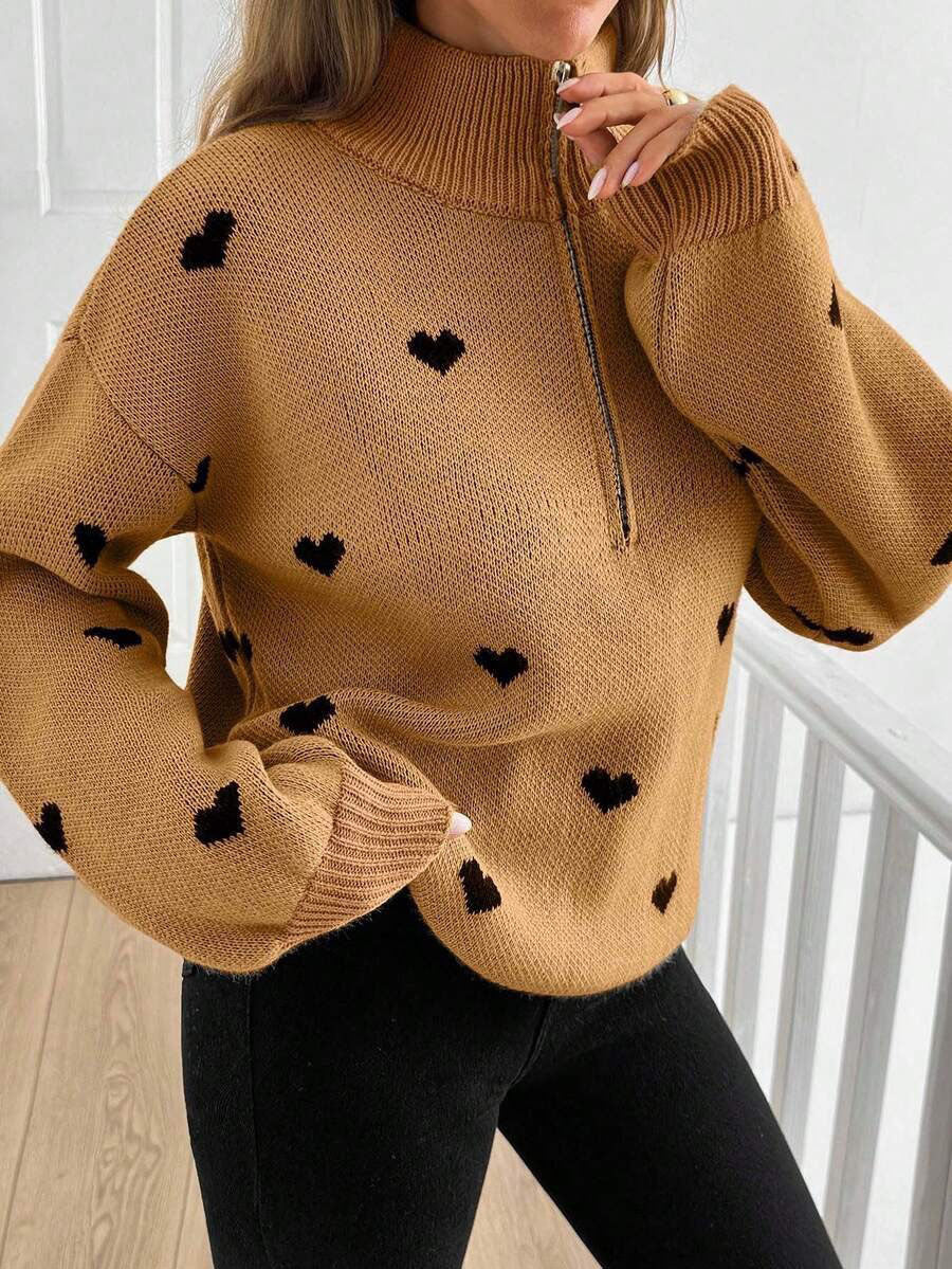 Women’s Heart-Pattern Zip Sweater - Soft and Warm