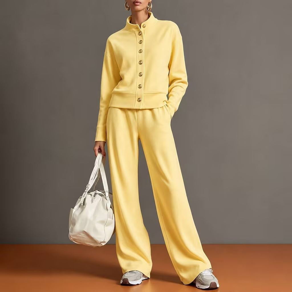 Stand-Collar Cardigan and Wide-Leg Pants Set - Polished and Comfortable