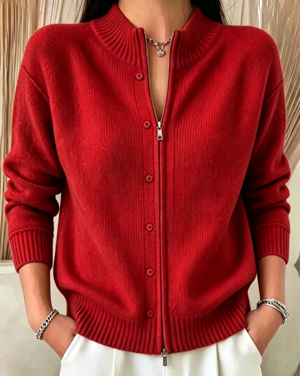 Zip-Up Crewneck Knit Sweater - Soft and Modern