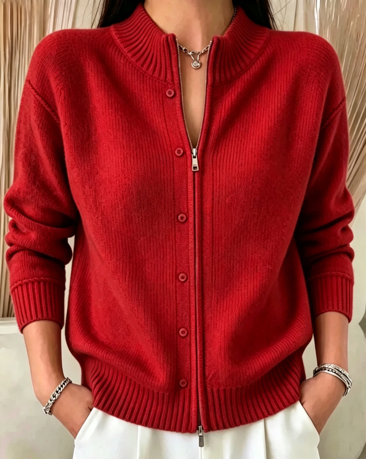 Zip-Up Crewneck Knit Sweater - Soft and Modern
