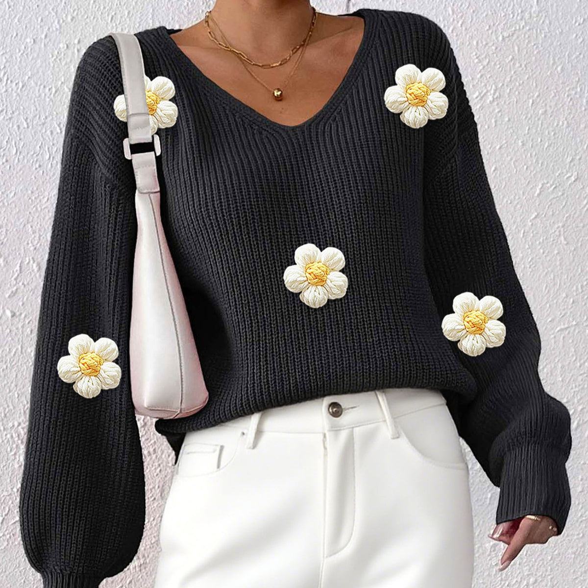 Floral 3D Patchwork V-Neck Sweater - Hand-Knitted and Cozy