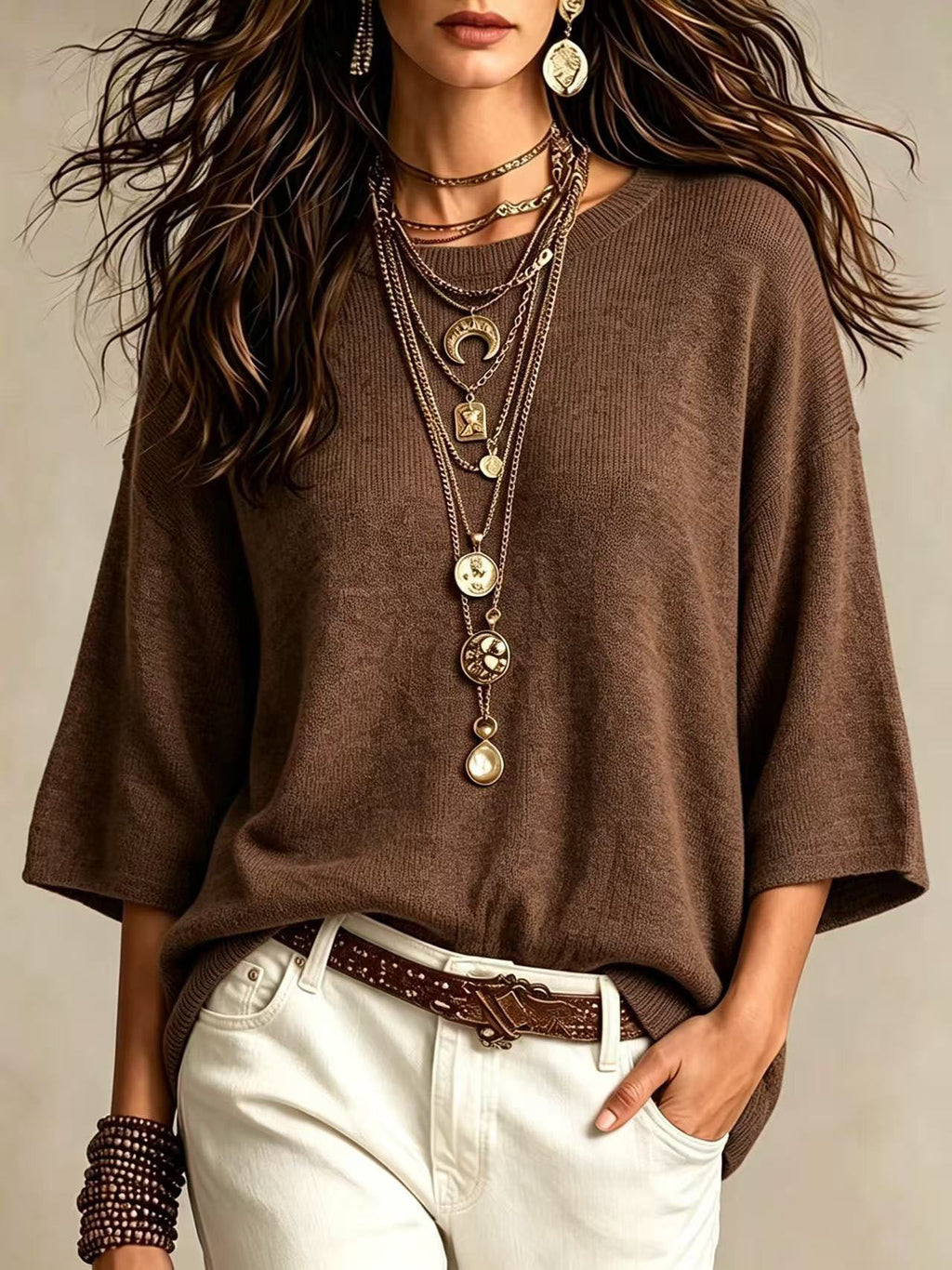 Women's Relaxed Sweater - Wide Sleeves and Crew Neck