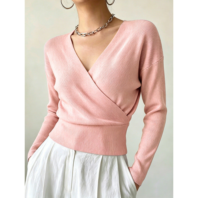 Cross-Neck Waist-Cinching Knit Sweater - Soft and Shaped