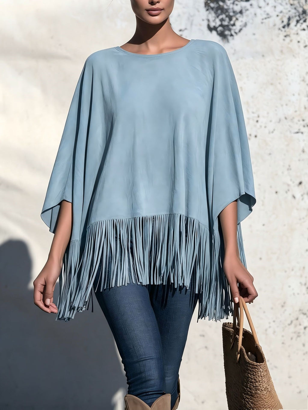 Women’s Loose Fringe Blouse – Relaxed Round Neck Top
