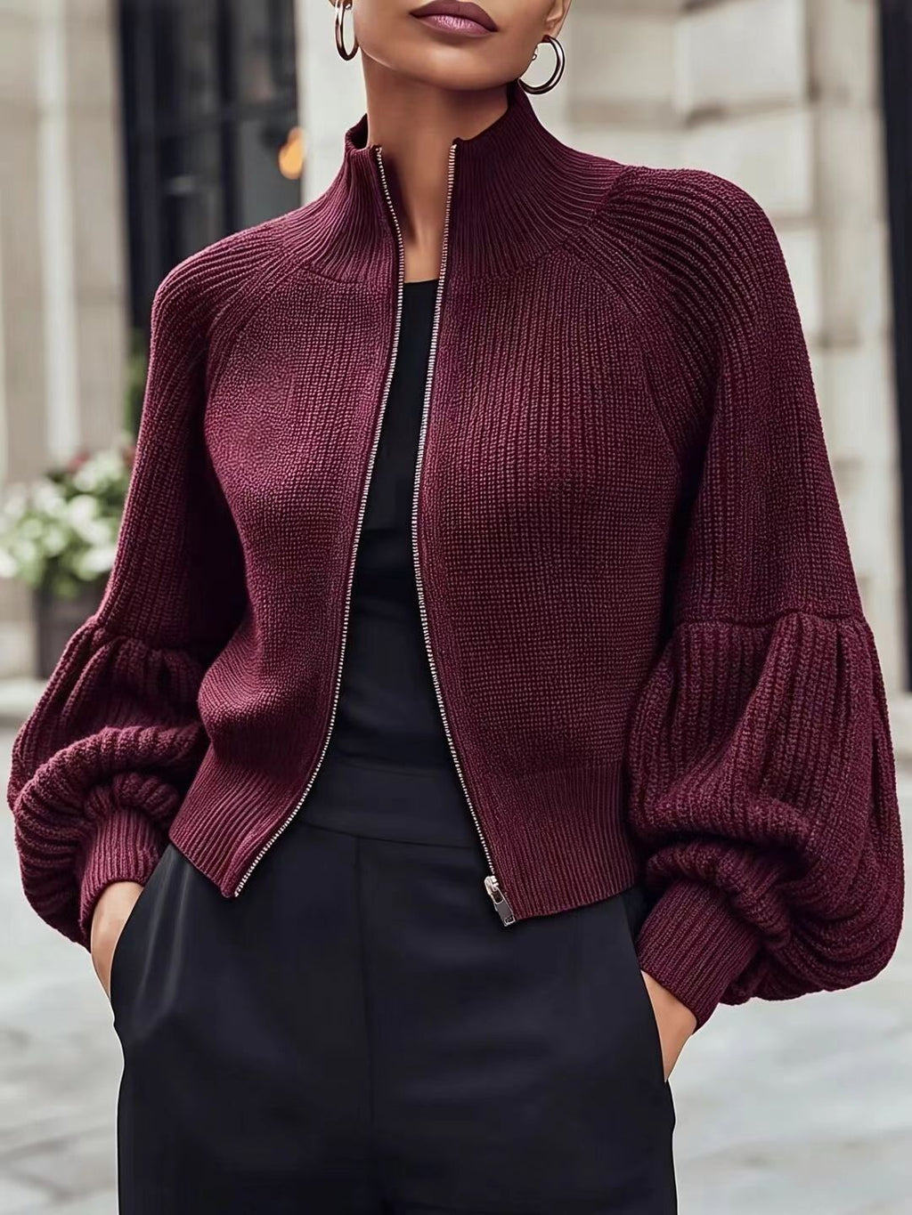 Fluffy Lantern-Sleeve Textured Sweater - Soft and Cozy