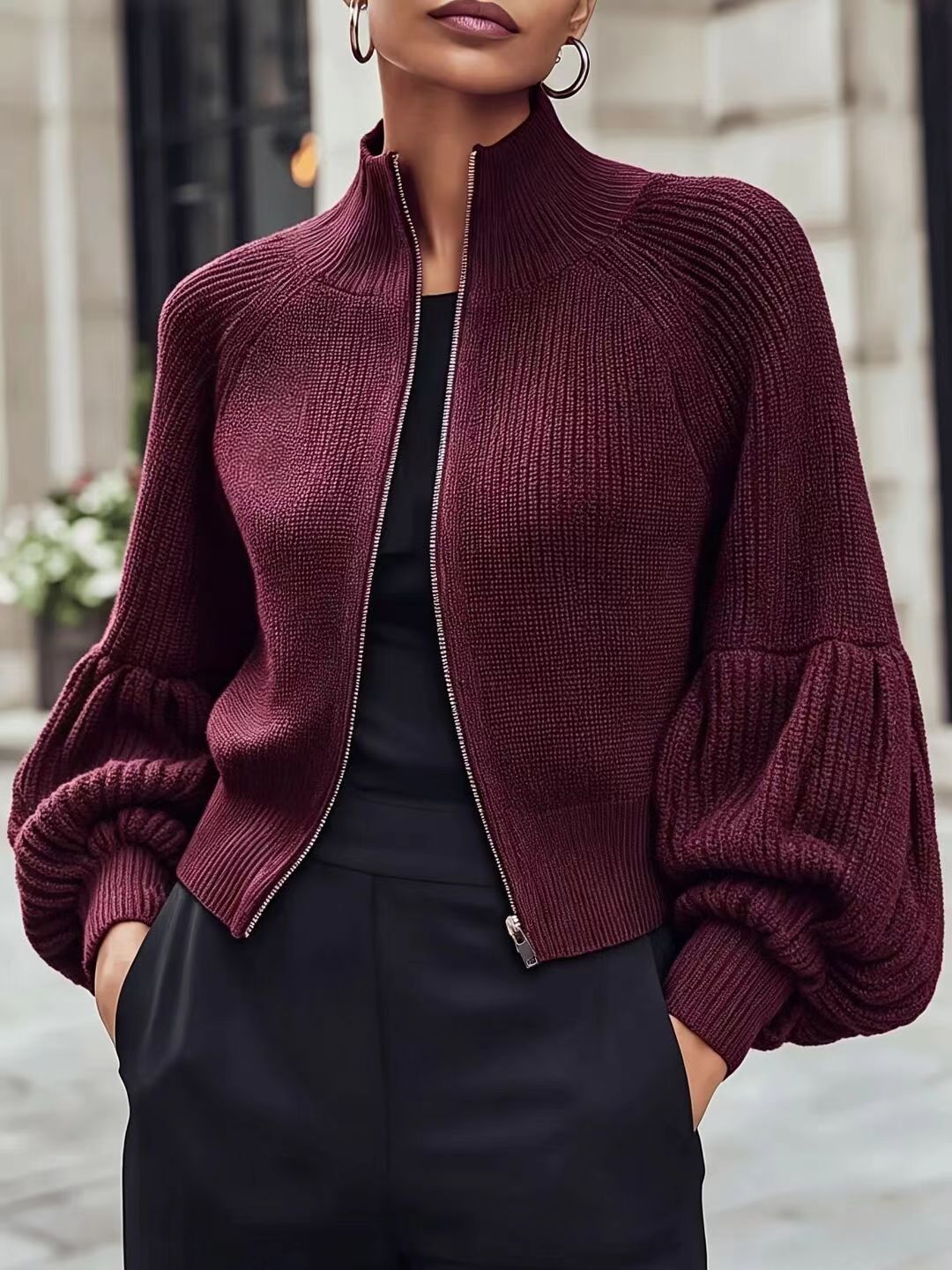Fluffy Lantern-Sleeve Textured Sweater - Soft and Cozy