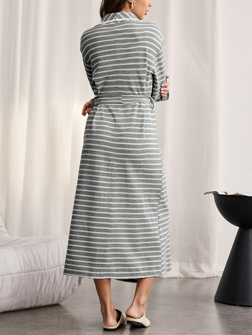 Women’s Striped Long-Sleeve Robe – Elegant Belted V-Neck Loungewear