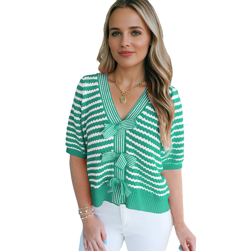 Women's Short Sleeve V Neck Knit Sweater - Soft Bow Detail Everyday Top