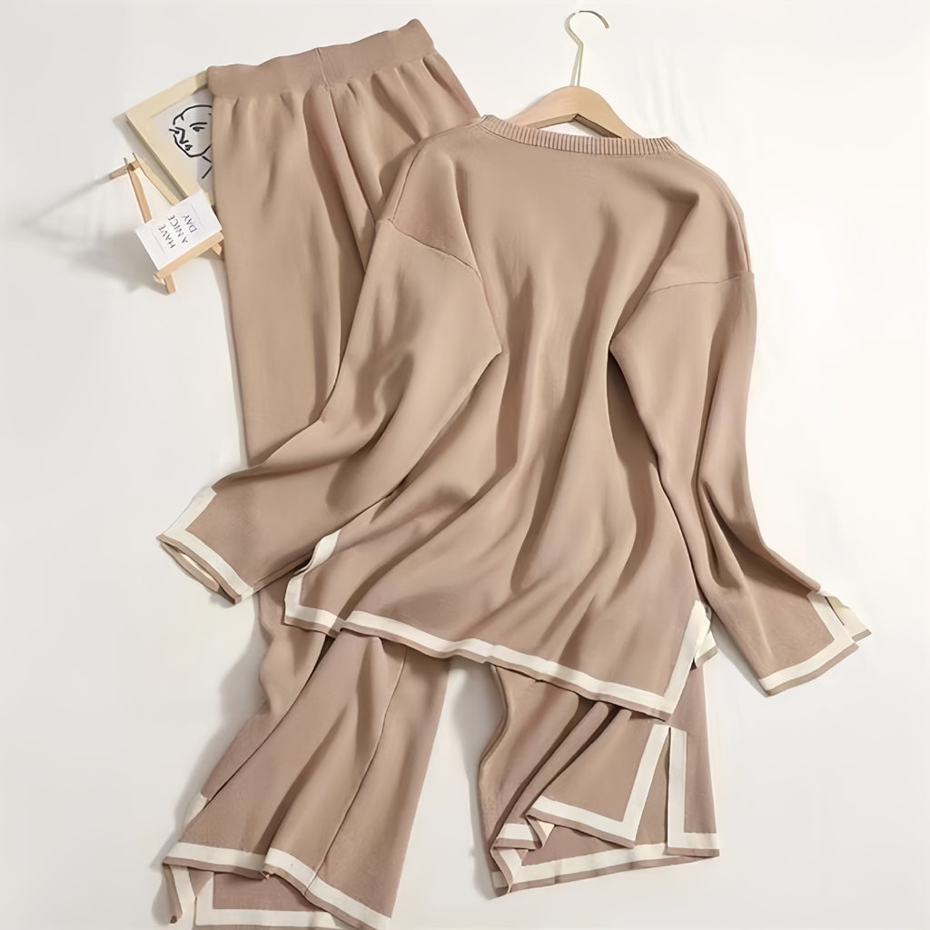 Slit Long-Sleeve Top and Wide-Leg Pants Set - Polished and Comfortable