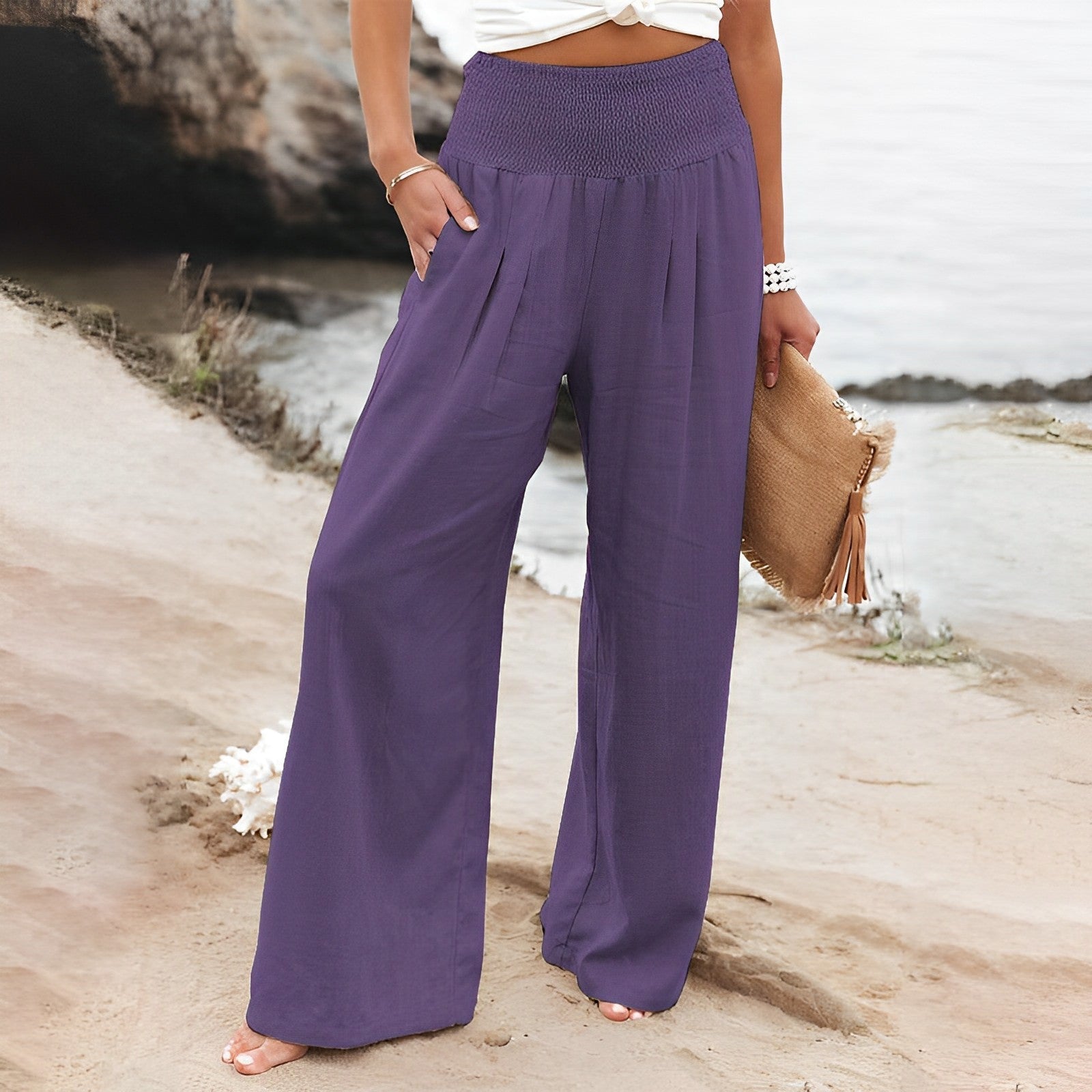 Women's Wide Leg Trousers - Relaxed High-Waist Everyday Pants