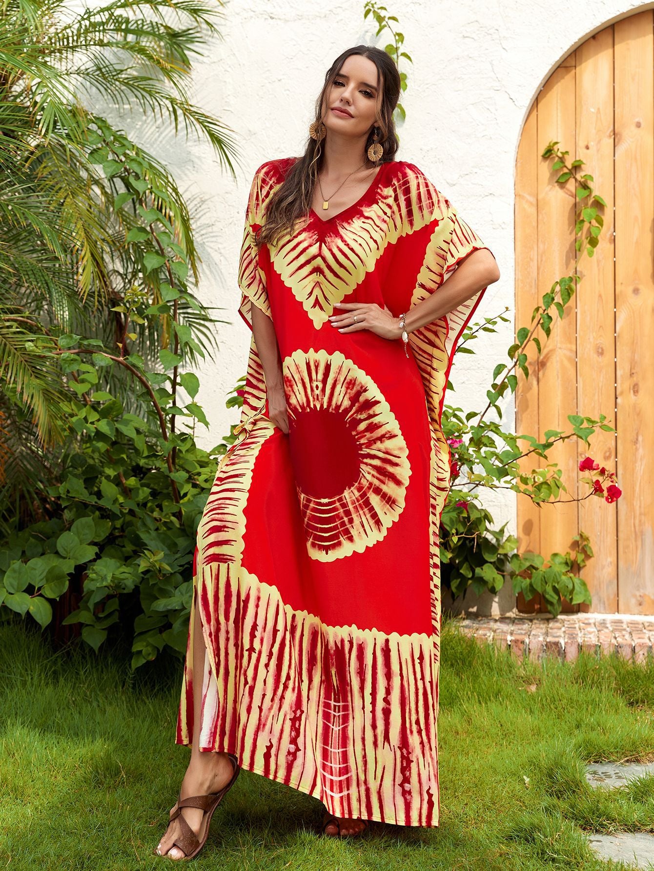 Women's Printed V-Neck Maxi Holiday Dress - Relaxed One Size Daywear