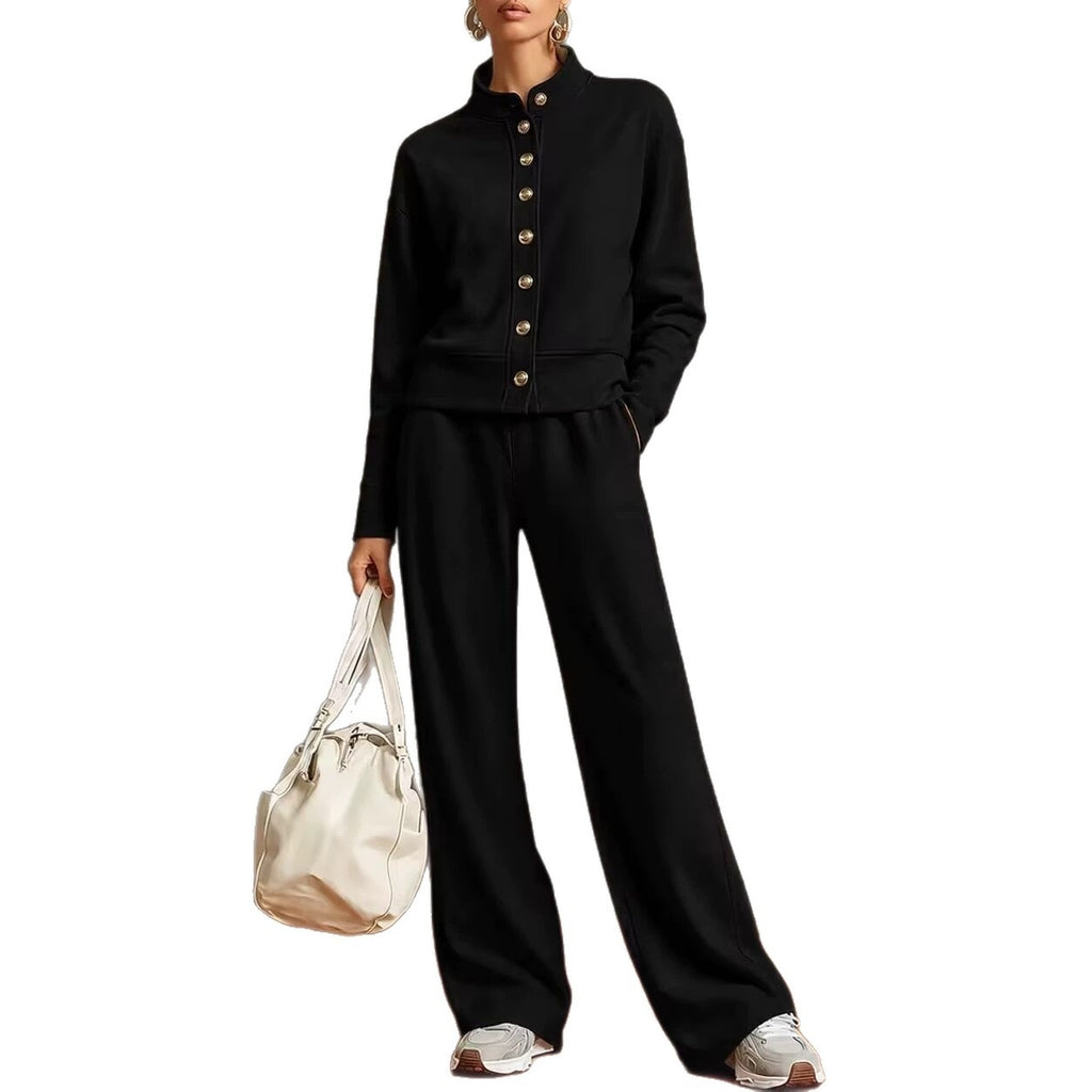 Stand-Collar Cardigan and Wide-Leg Pants Set - Polished and Comfortable