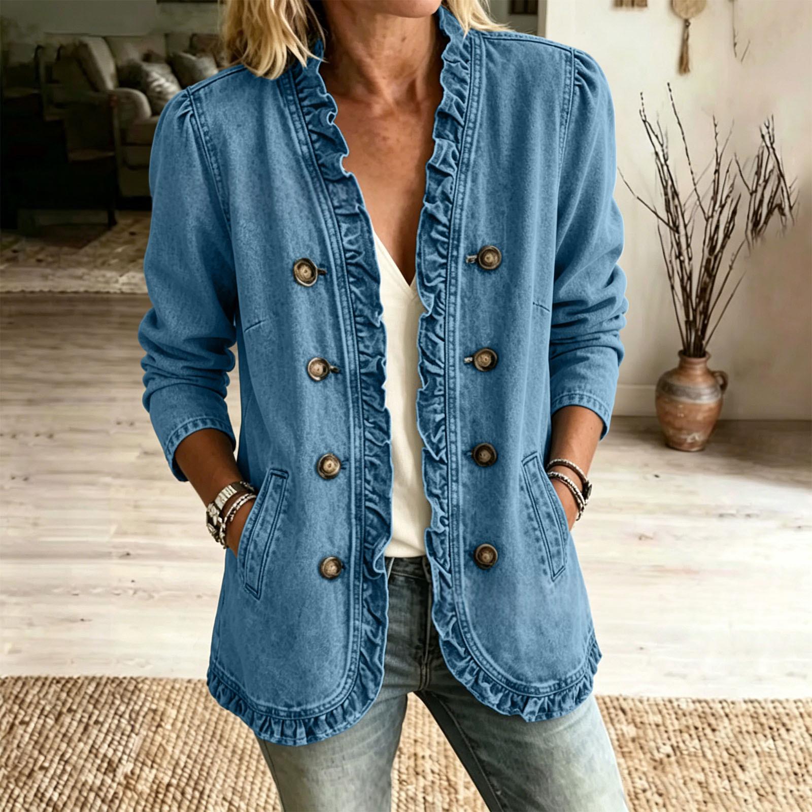 Women's Denim Jacket With Flounced Hem - Soft Casual Button Front Layer