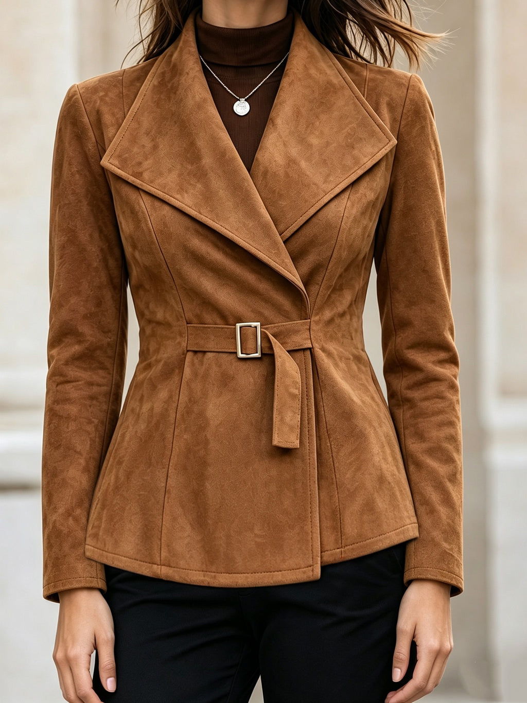 Women’s Faux Suede Lapel Coat – Elegant Long Sleeve Outerwear