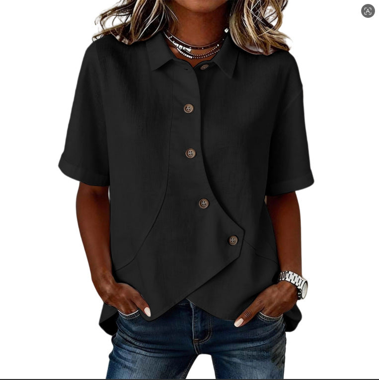 Women's Irregular-Button Blouse – Relaxed Short-Sleeve Everyday Top