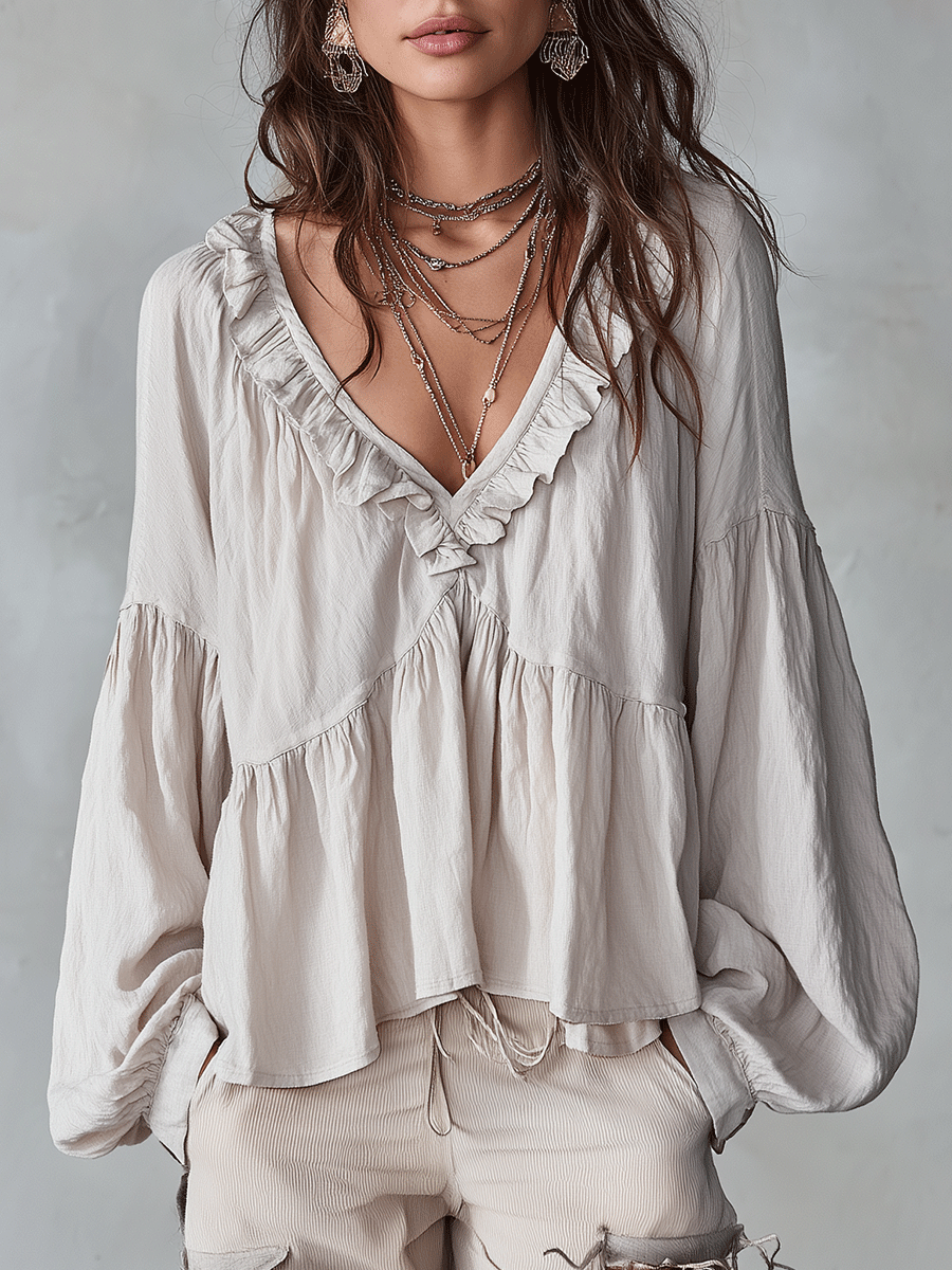 Women's Bohemian Ruffle Blouse – Airy Vintage-Inspired Long Sleeve Top
