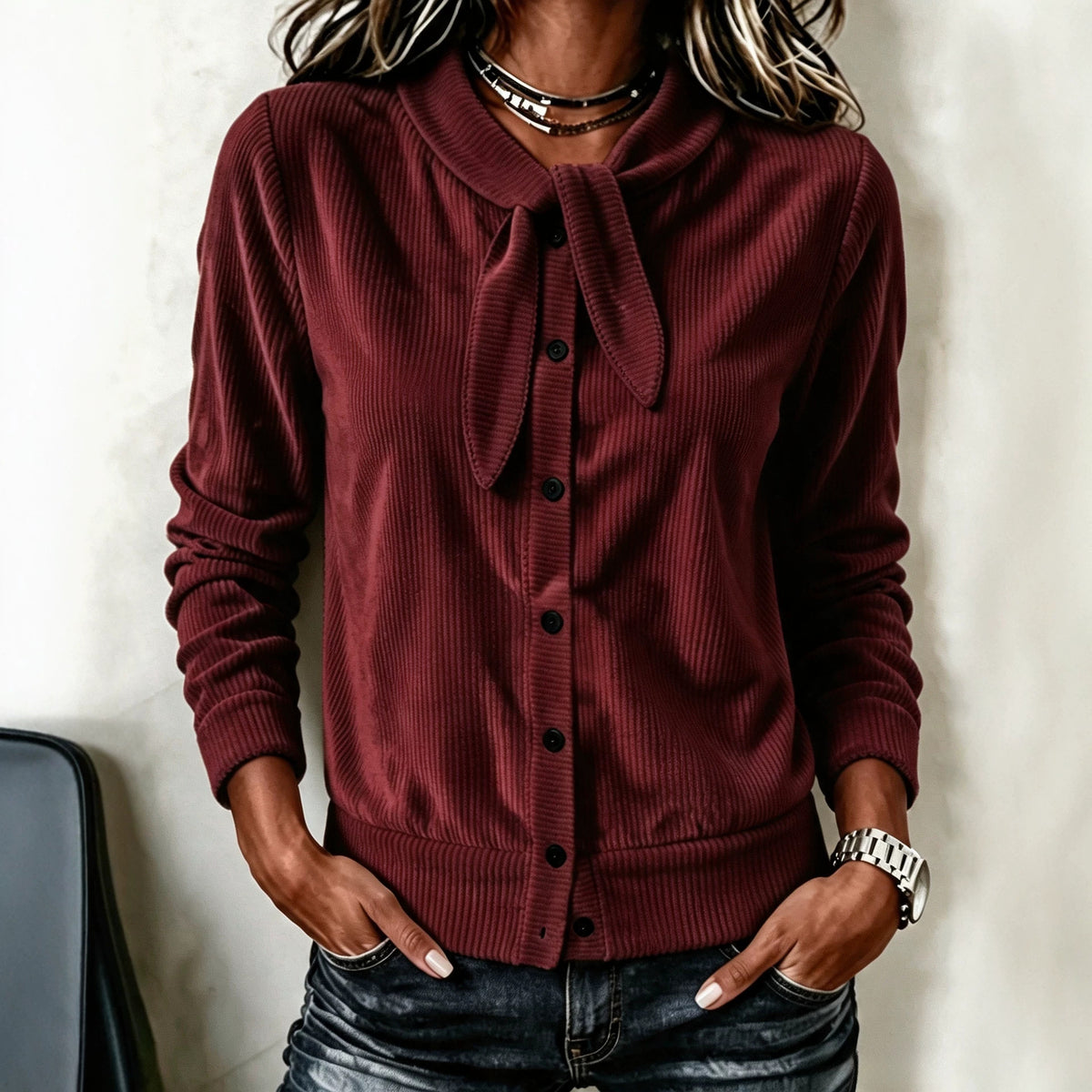 Women's Button Detail Bow Knit Sweater - Soft Feminine Layer
