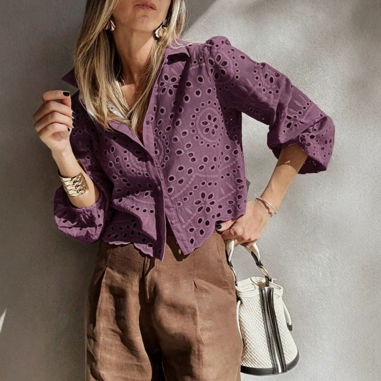 Women's Embroidered Short Shirt - Relaxed Hollow-Out Casual Blouse