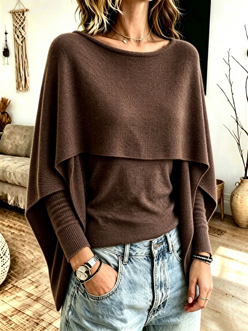 Women's Layered-Look Shawl Knit Sweater - Cozy Statement Top