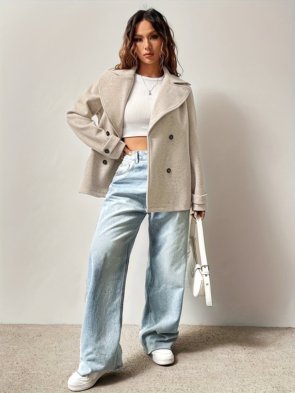 Women's Beige Pea Coat - Elegant and Oversized