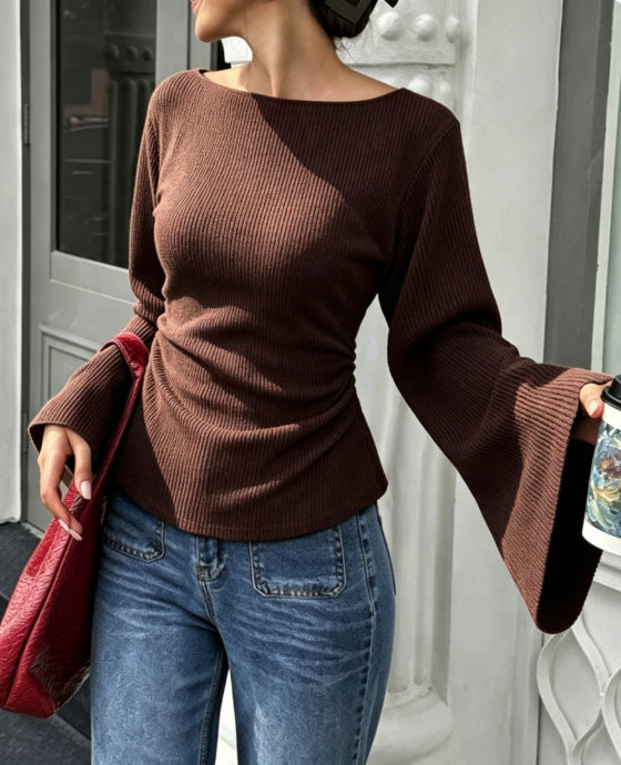 Ribbed Flared-Sleeve Top - Fitted and Elegant