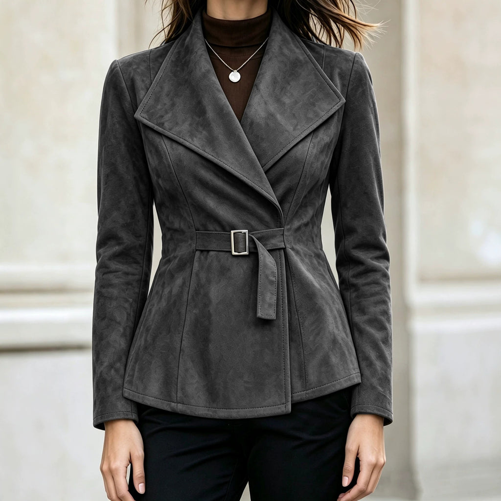 Women’s Faux Suede Lapel Coat – Elegant Long Sleeve Outerwear