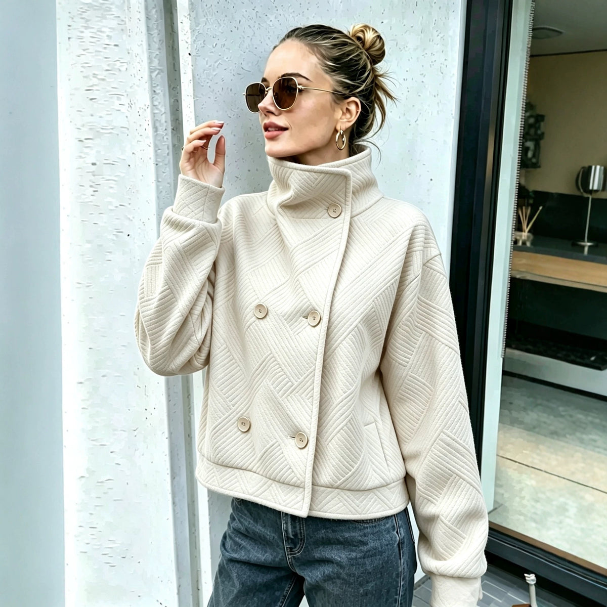 Buttoned Turtleneck Lapel Coat - Warm and Polished