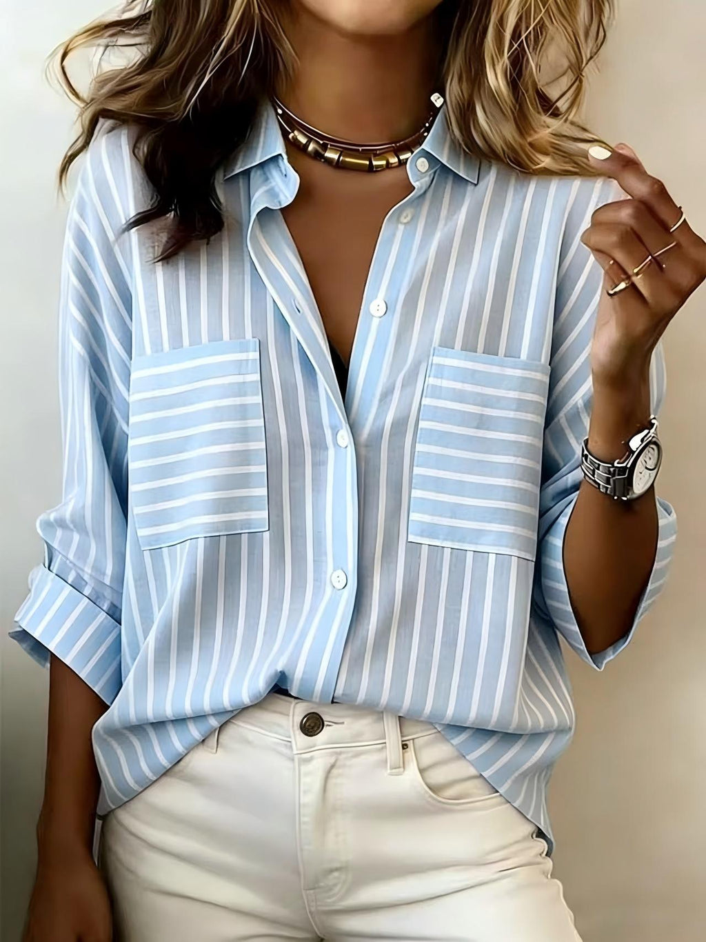 Women’s Striped Long Sleeve Shirt – Classic Single-Breasted Casual Style