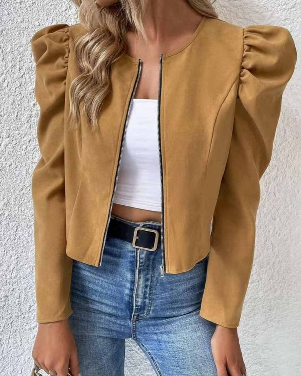 Women's Cardigan - Round Neck, Zip Closure and Puff Sleeves