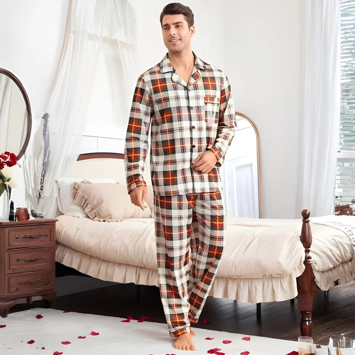 Couples Plaid Pattern Long-Sleeve Pajama Set – Matching Sleepwear Outfit
