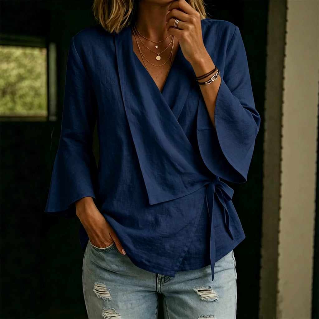 Women's Asymmetrical Tie Blouse - Flared Sleeve Notch Lapel Top
