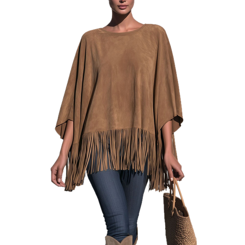 Women’s Loose Fringe Blouse – Relaxed Round Neck Top