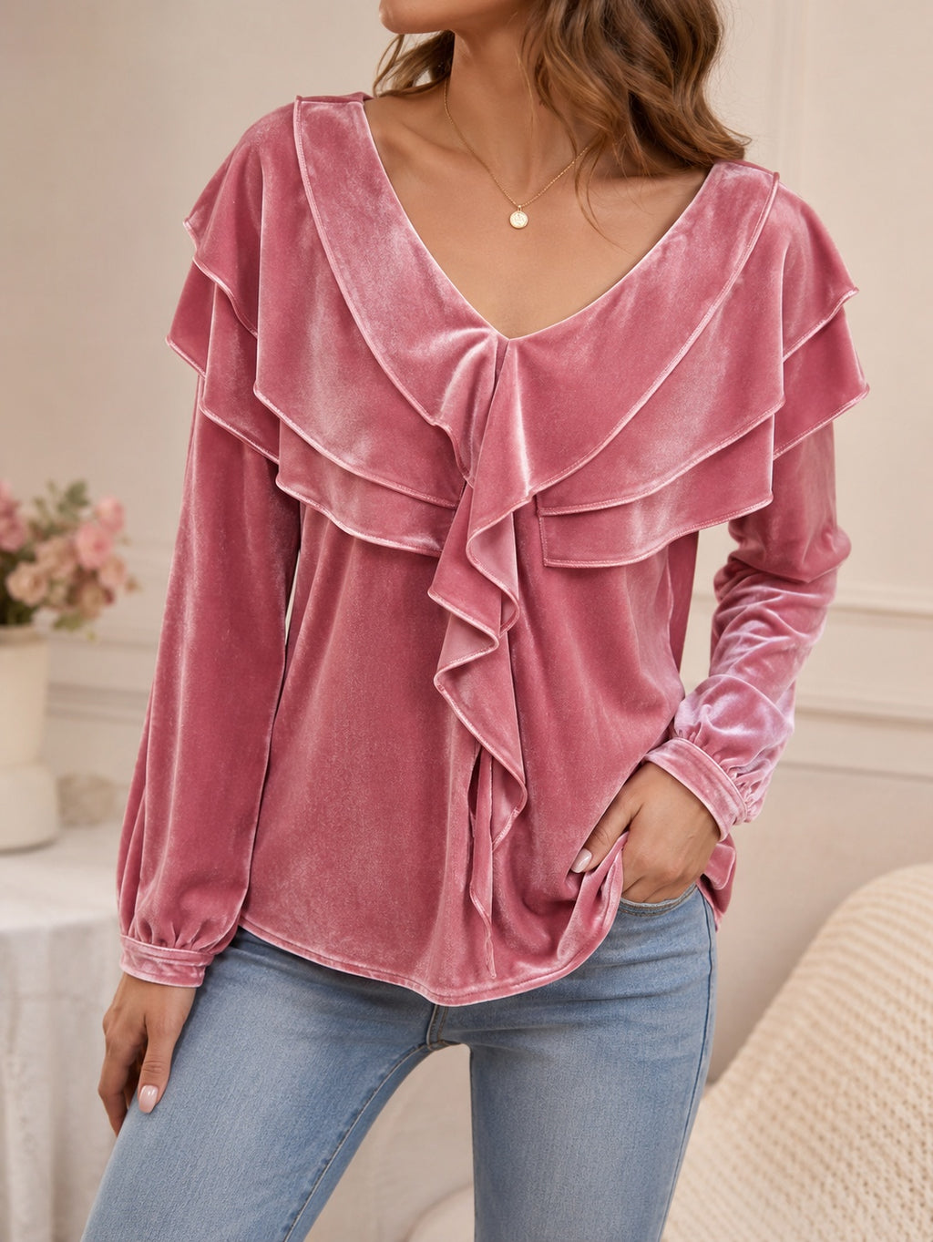 Women’s Velvet V-Neck Ruffled Top – Elegant Chic Feminine Style