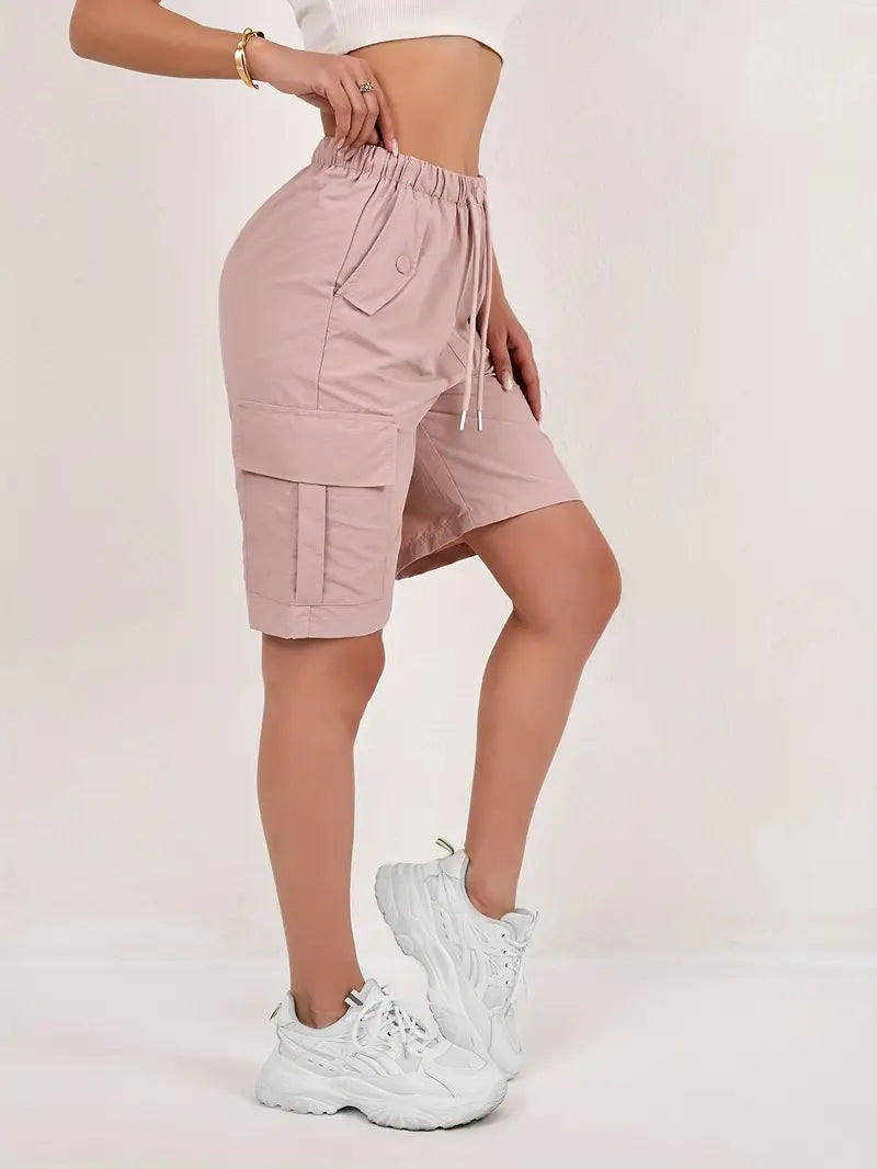 Women's Pink High-Waisted Drawstring Cargo Bermuda Shorts