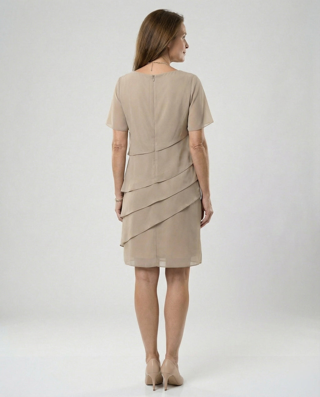 Women's Tiered Chiffon Dress – Round Neck Short Sleeve Day Dress