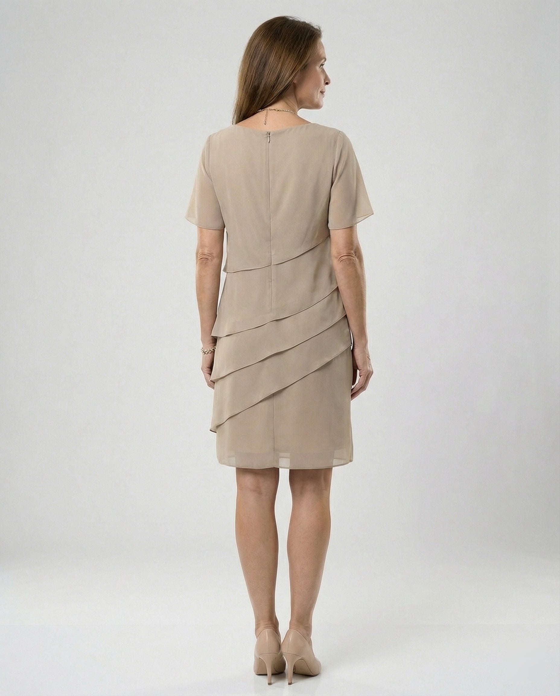 Women's Tiered Chiffon Dress – Round Neck Short Sleeve Day Dress
